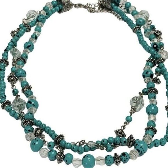 Premier Designs Jewelry - Vintage Premier Designs Faux Blue Turquoise Glass Bead Silver Tone Necklace 20”